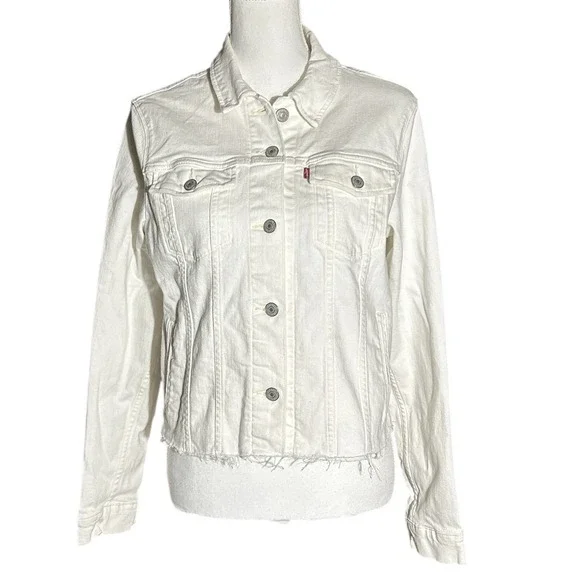 LEVI'S White Denim Trucker Jacket Women sz L Cropped Raw Hem - See Notes - Picture 2 of 11